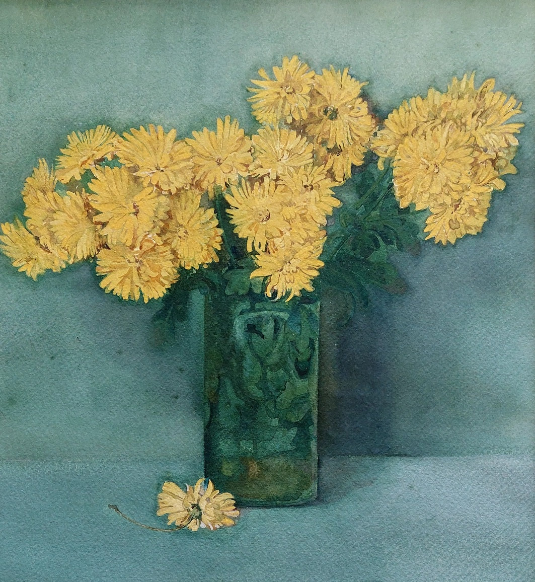 Chrysanthemums in blue vase